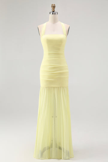 Yellow Halter Sheath Ruched Tie Back Long Bridesmaid Dress